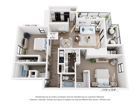 Floor plan for 2 beds, 2 baths, 1080 sqft